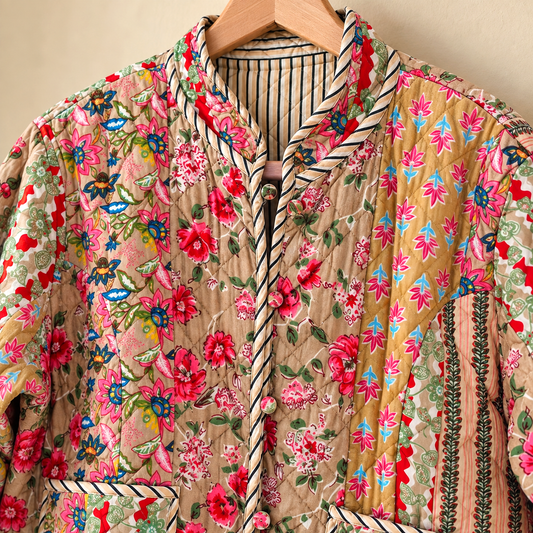 Beige Cotton Reversible Quilted Jacket | Floral Patchwork Block Print Black Stripe Border Boho Winter Outerwear Coat
