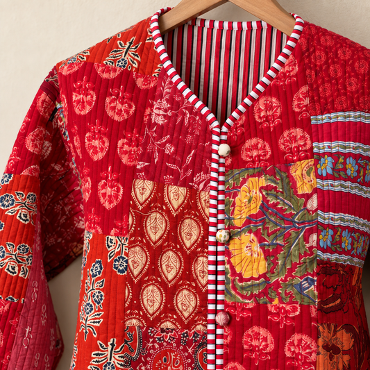 Scarlet Red Cotton Reversible Quilted Jacket | Vibrant Floral Patchwork Block Print Striped Border Boho Winter Coat