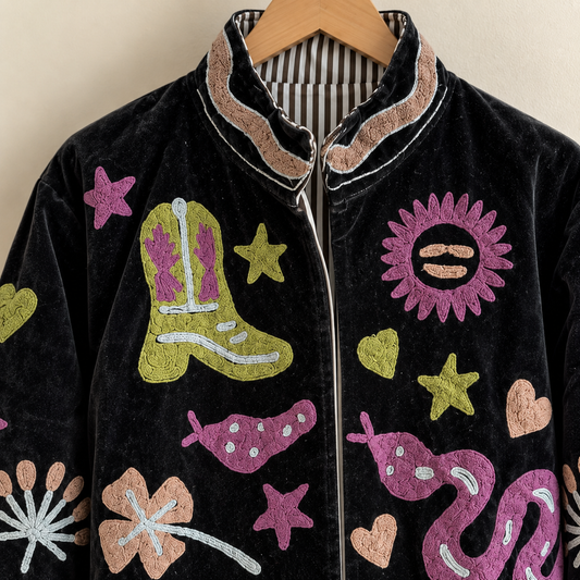 Black Velvet Reversible Jacket | Celestial Evil Eye Cowboy Boot Embroidered Boho Velvet Short Coat