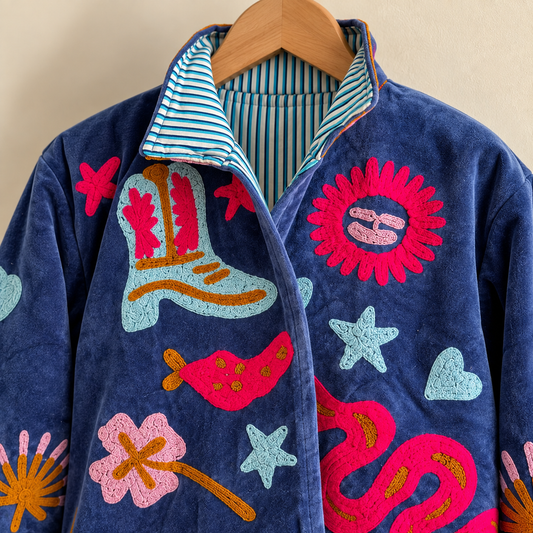 Royal Blue Velvet Reversible Jacket | Celestial Evil Eye Cowboy Boot Embroidered Boho Velvet Short Coat