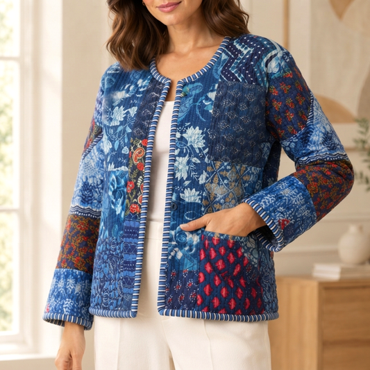 Indigo Blue Cotton Quilted Jacket | Indian Hand Block Print Floral Patchwork Short Coat | Boho Women Summer Outerwear