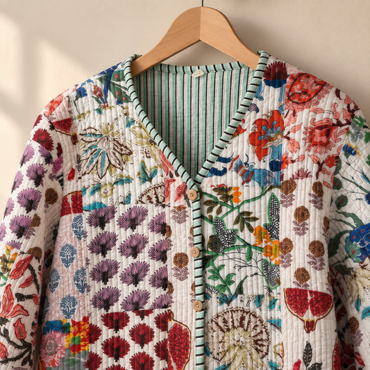 Ivory Cotton Reversible Quilted Jacket | Indian Hand Block Print Floral Patchwork Mint Striped Boho Women Coat