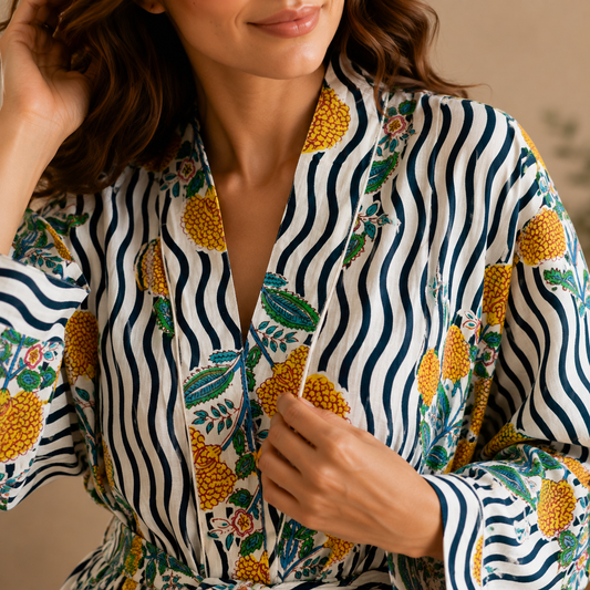 Yellow Marigold Floral Print Cotton Kimono | Navy Wavy Stripe Block Spa Robe & Resort Wear