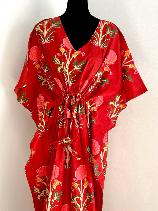Hand Block Print Cotton Kaftan - Ruby Red Floral Long Maxi Dress, Soft Loungewear