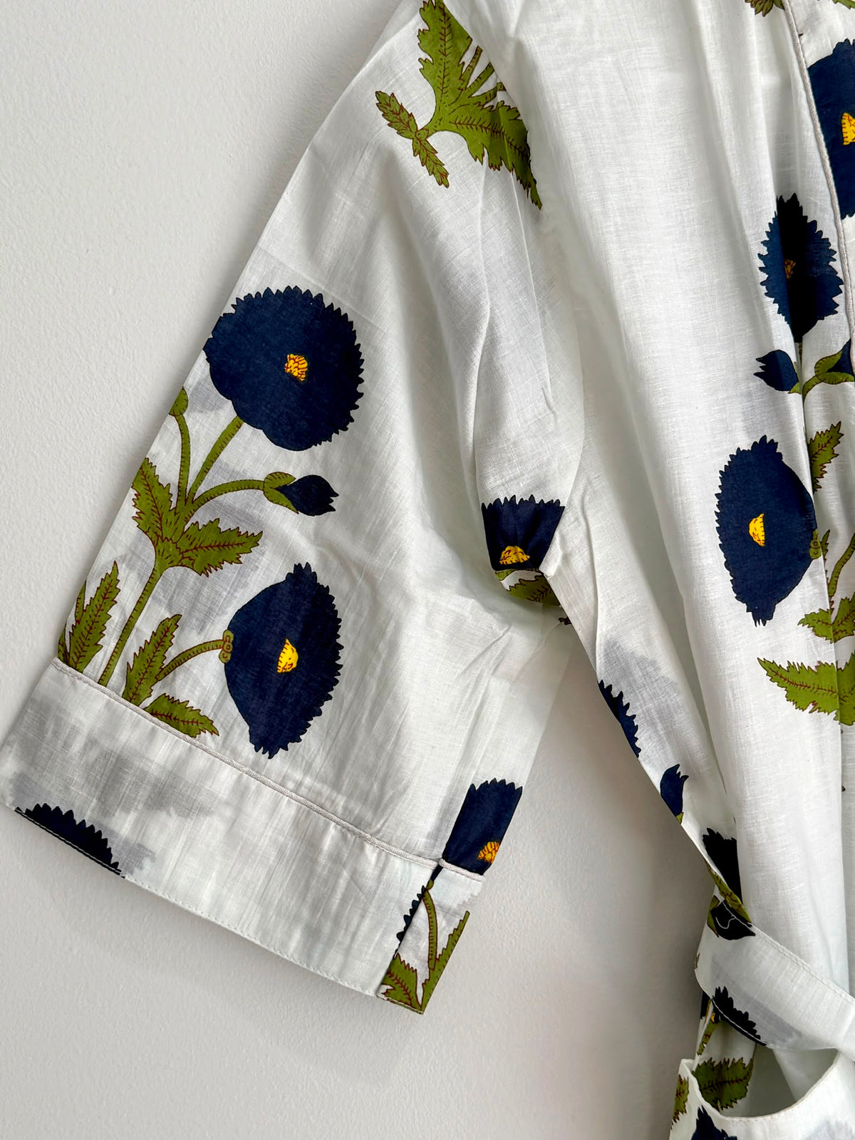 Handcrafted Block Print Cotton Kimono Robe | White & Golden Yellow Floral Botanical Lounge Robe | Spa & Sleepwear