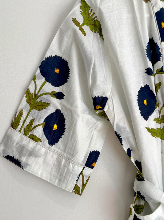 Deep Navy Floral Print Botanical Lounge Robe & Nightwear | Off-White Cotton Kimono Bathrobe Bridesmaids Gifts