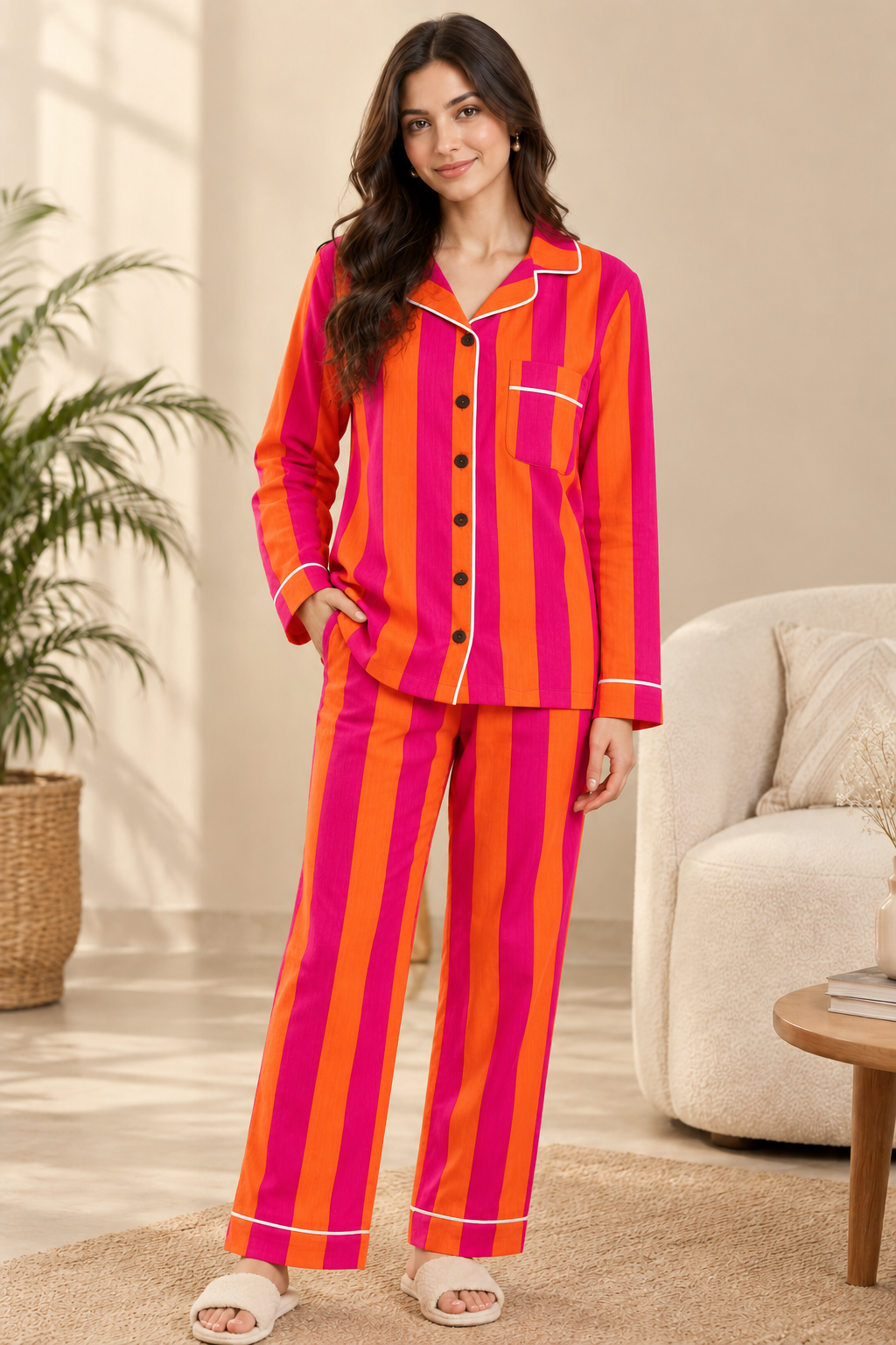 Navy Blue Striped Cotton Nightwear Set, Soft Cotton Lounge & Sleepwear For Women, Bridesmaids Loungewear