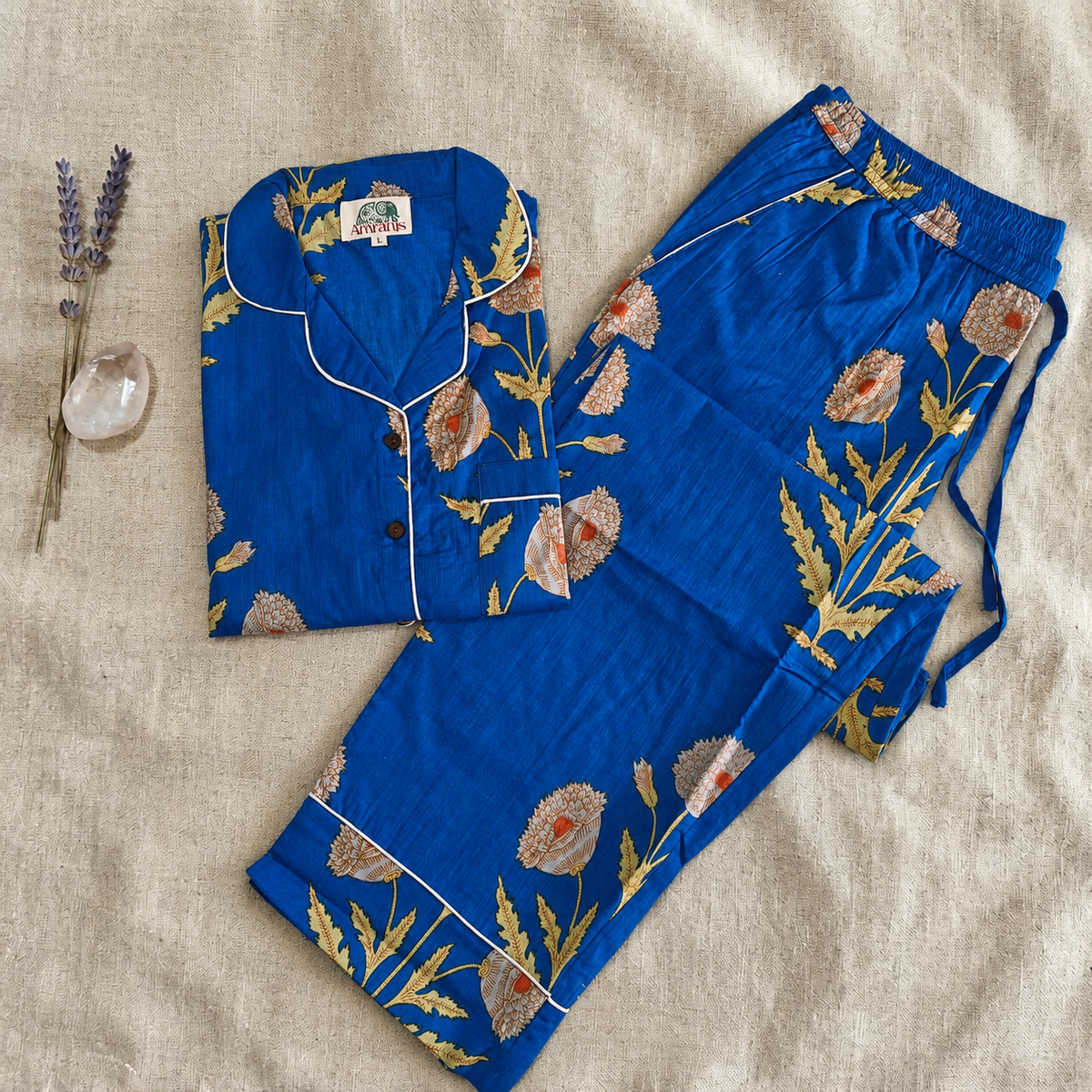 Royal Blue & Golden Floral Block Print Cotton Pajama Set, Botanical Sleepwear & Loungewear