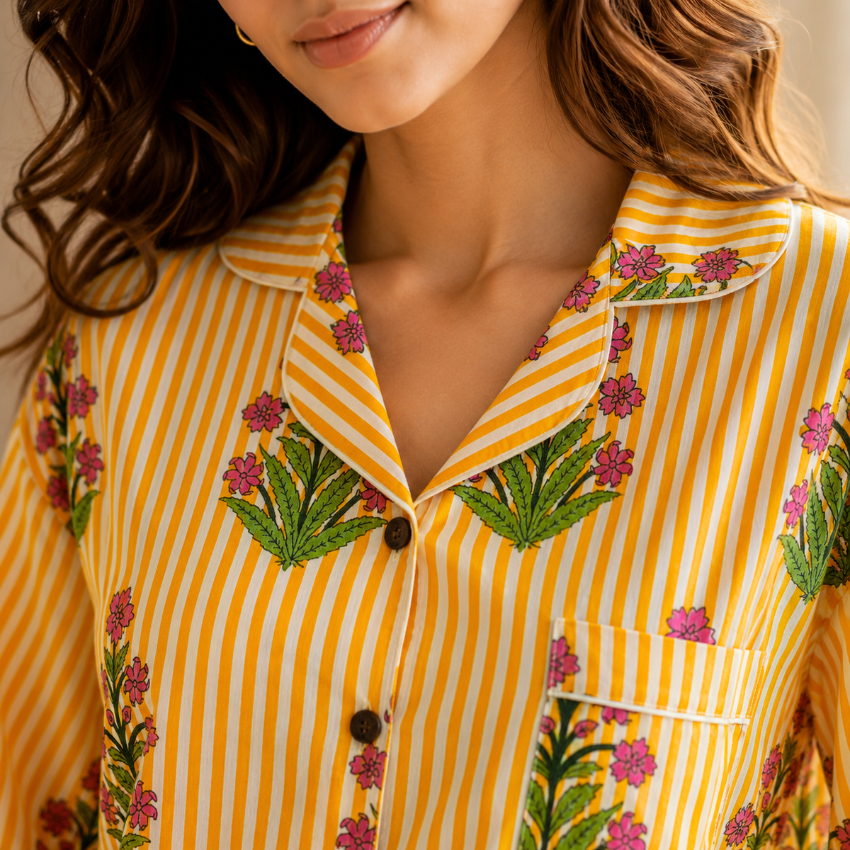 Yellow Stripe & Pink Floral Print Cotton Pajama Set, Bright Botanical Sleepwear & Loungewear