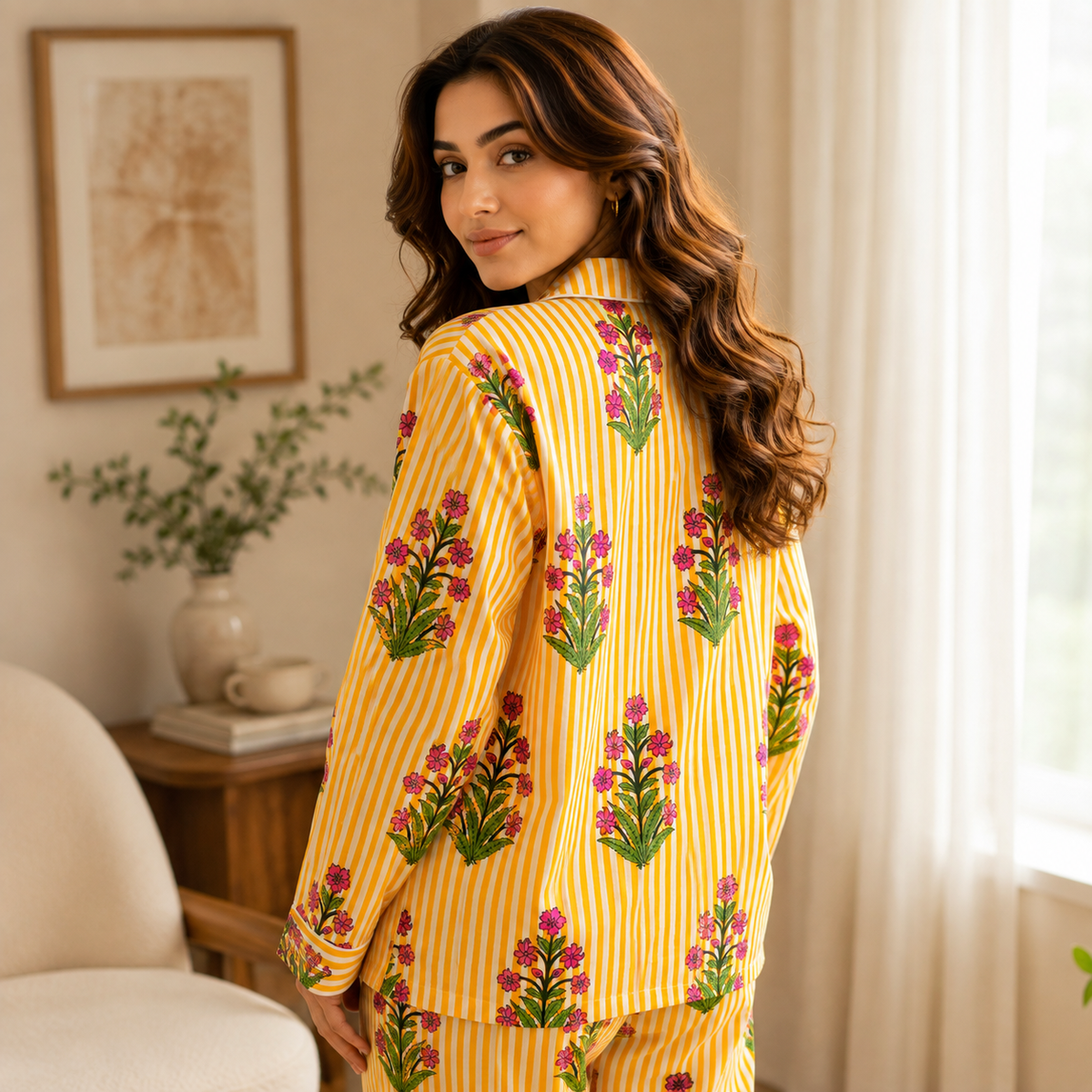 Yellow Stripe & Pink Floral Print Cotton Pajama Set, Bright Botanical Sleepwear & Loungewear