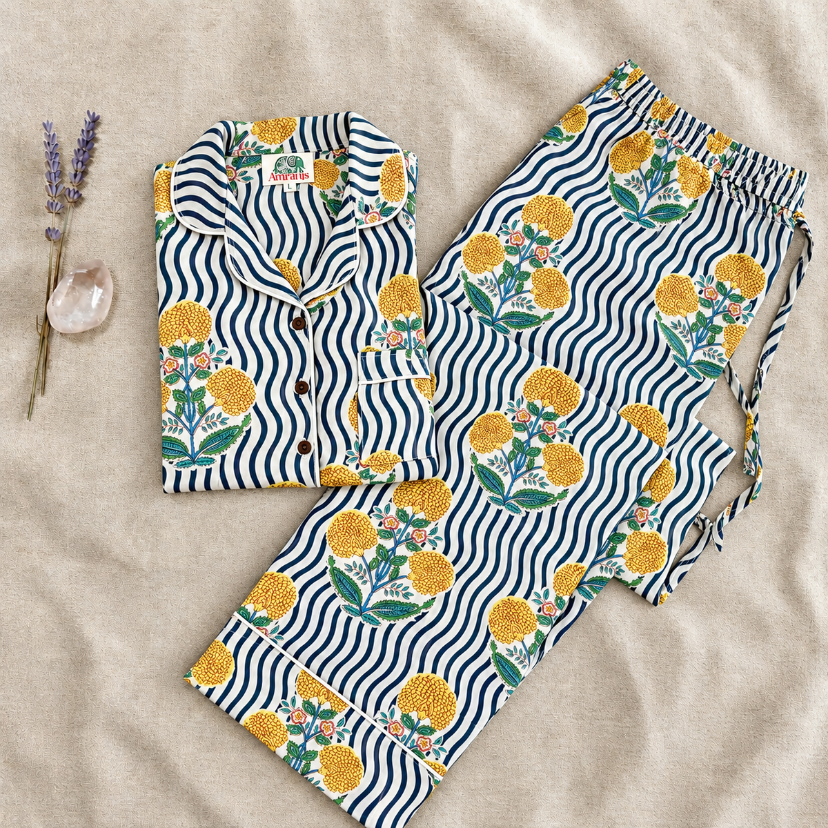 Navy Wave Marigold Floral Print Cotton Pajama Set, Botanical Sleepwear & Loungewear, Gift For Her, Hand Block Print Pajama Set
