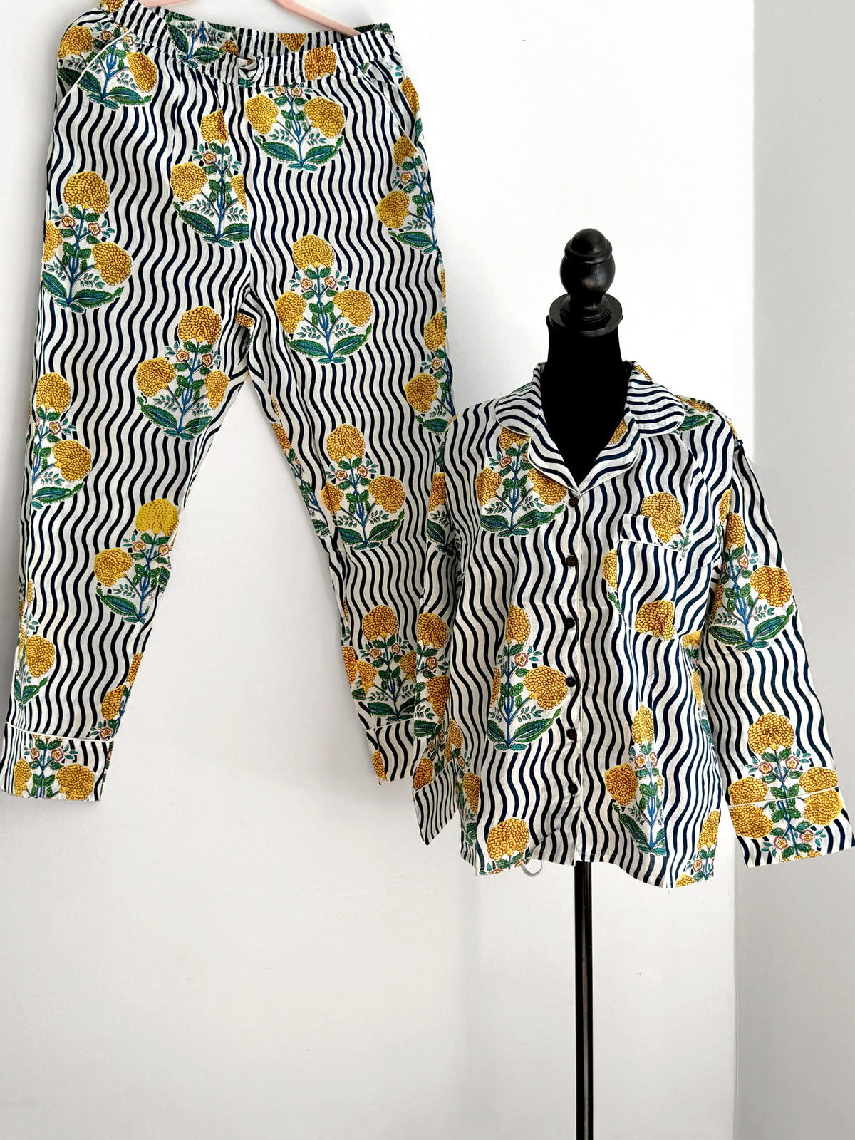 Navy Wave Marigold Floral Print Cotton Pajama Set, Botanical Sleepwear & Loungewear, Gift For Her, Hand Block Print Pajama Set