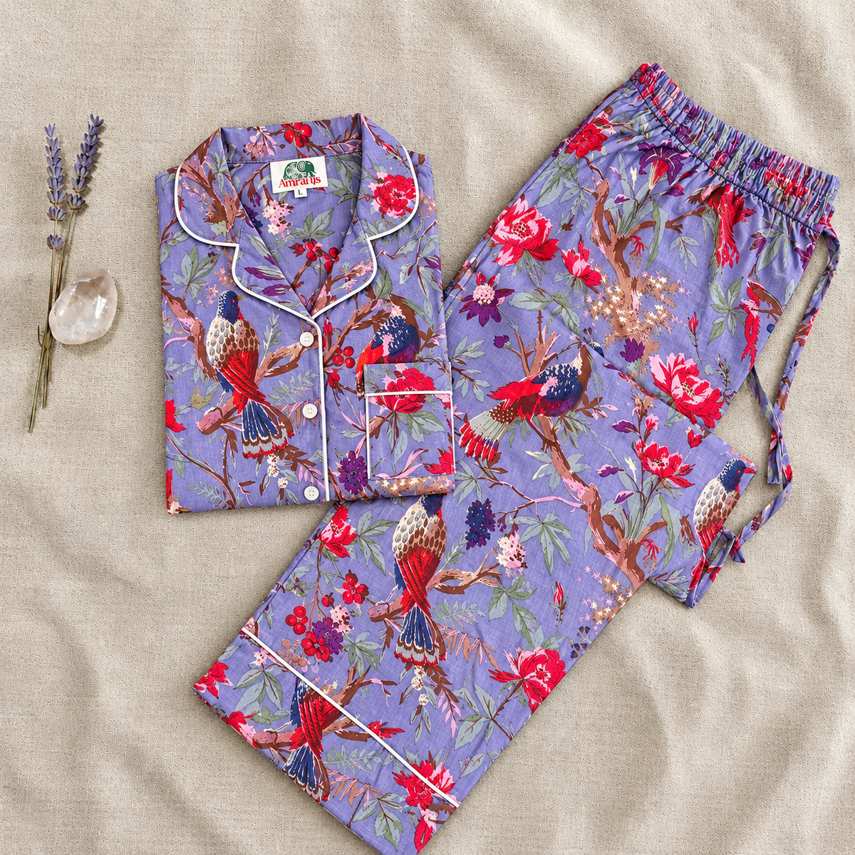 Lilac Purple Exotic Bird & Floral Block Print Cotton Pajama Set, Whimsical Botanical Sleepwear & Loungewear