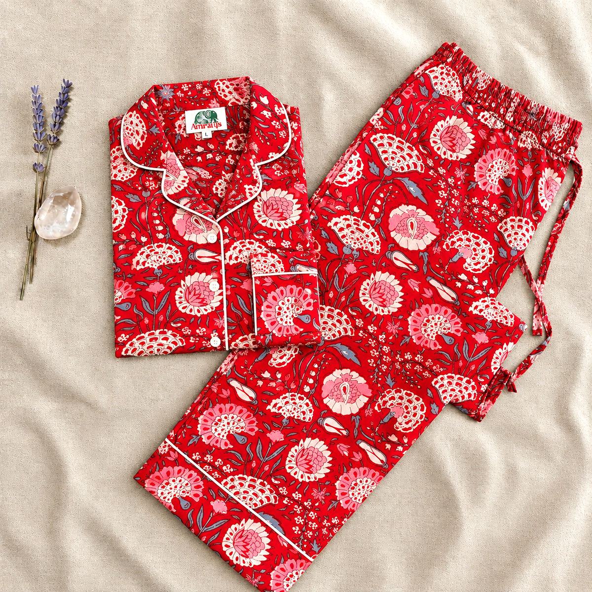 Olive Green Floral Motifs Block Print Cotton Pajama Set, Artisanal Sleepwear & Loungewear, Thanksgivings Gifts