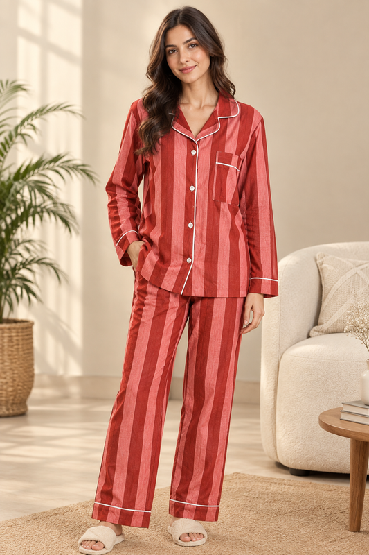 Red Striped Cotton Nightwear Set, Soft Cotton Lounge & Sleepwear For Women, Bridesmaids Loungewear