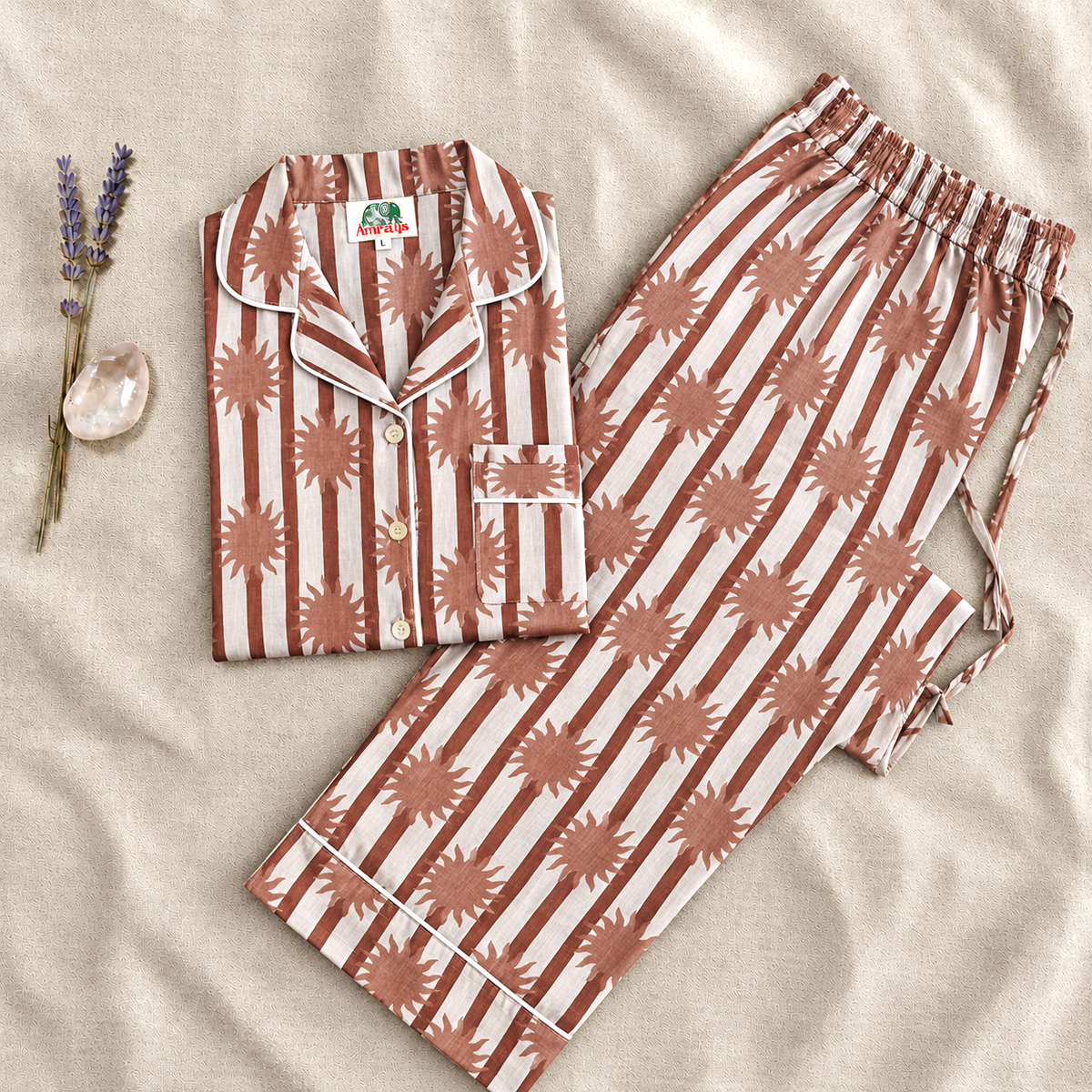 Teal Blue & Bright Red Sunburst Striped Block Print Cotton Pajama Set, Quirky Sleepwear & Loungewear