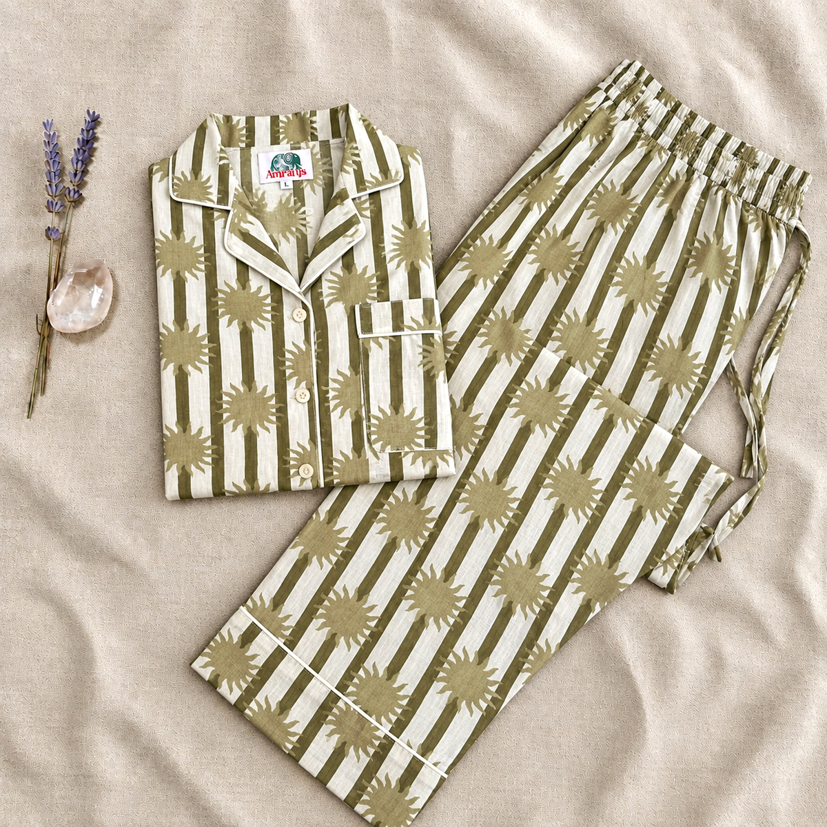 Teal Blue & Bright Red Sunburst Striped Block Print Cotton Pajama Set, Quirky Sleepwear & Loungewear