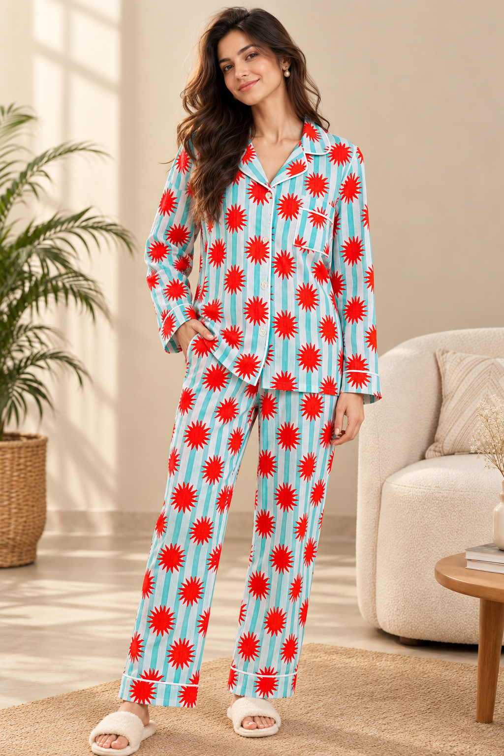 Teal Blue & Bright Red Sunburst Striped Block Print Cotton Pajama Set, Quirky Sleepwear & Loungewear