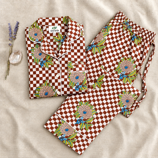 Brown & White Checkered Block Print Cotton Pajama Set, Floral Check Sleepwear & Loungewear