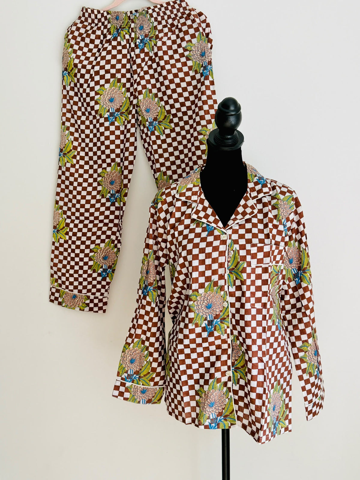 Sage Green & White Checkered Block Print Cotton Pajama Set, Contrast Floral Sleepwear & Loungewear