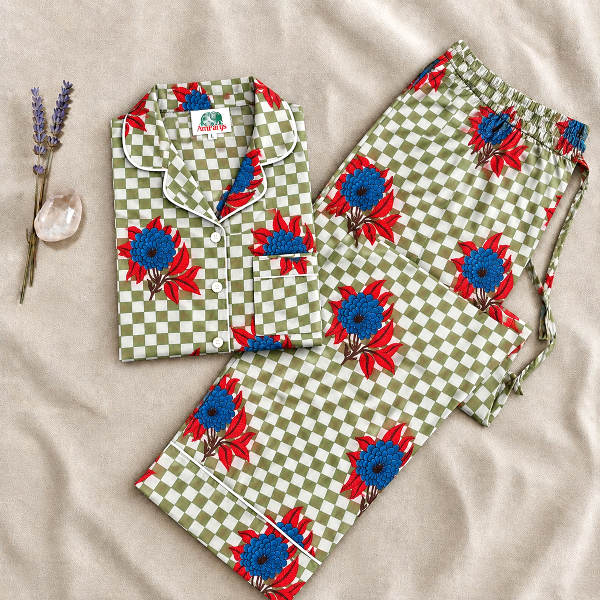 Sage Green & White Checkered Block Print Cotton Pajama Set, Contrast Floral Sleepwear & Loungewear