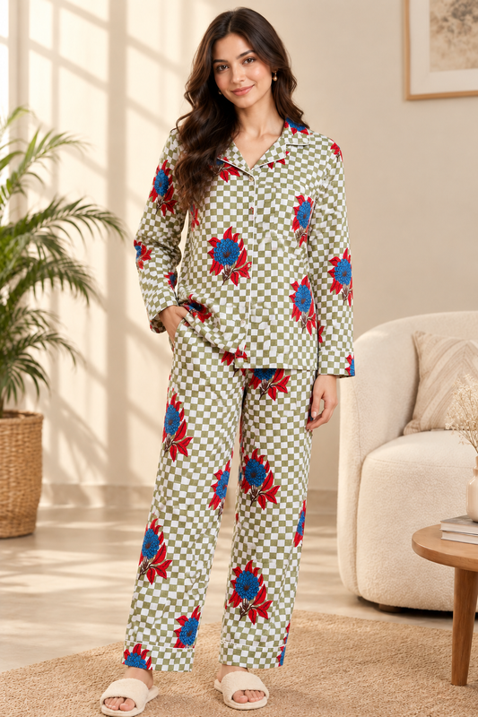 Sage Green & White Checkered Block Print Cotton Pajama Set, Contrast Floral Sleepwear & Loungewear