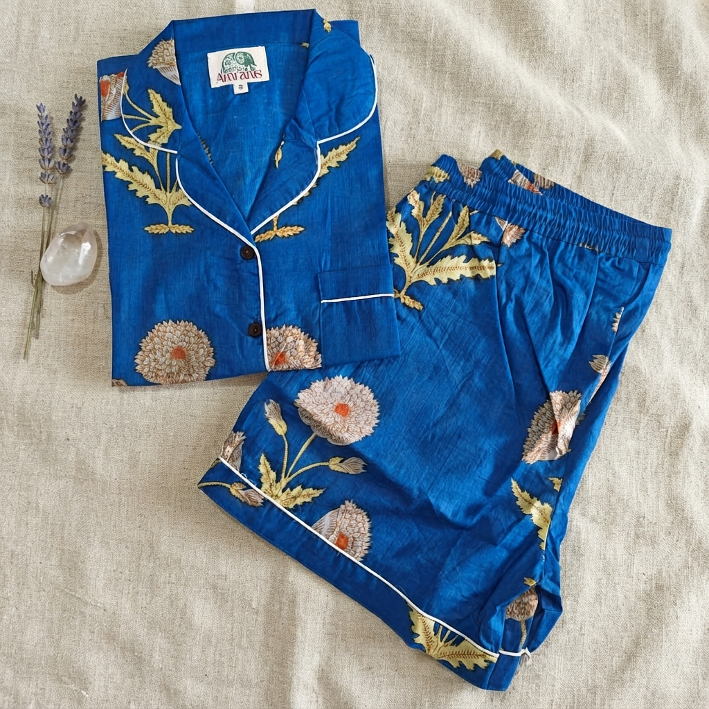 Royal Blue & White Floral Block Print Cotton Shorts Set, Summer Sleepwear & Artisanal Loungewear