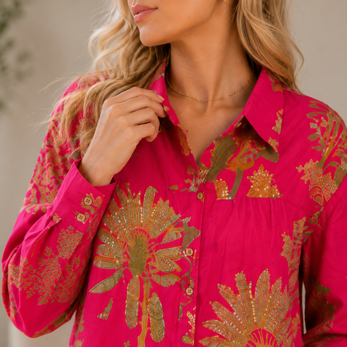 Hot Pink & Gold Palm Tree Block Print Cotton Long Sleeve Sleepwear & Shorts Set, Tropical Loungewear