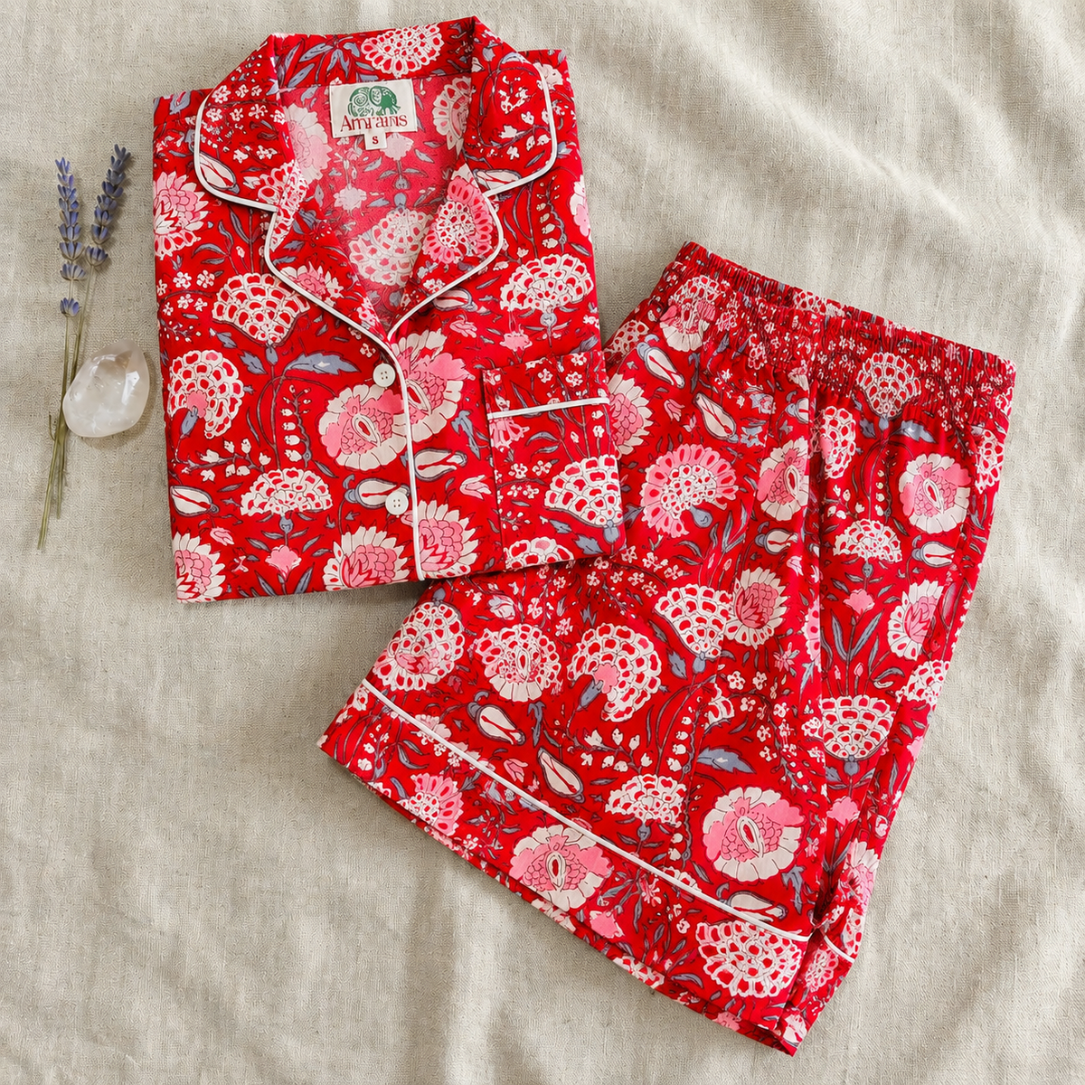 Red & Pink Floral Block Print Cotton Sleepwear Set, Traditional Indian Handblock Pajama & Loungewear