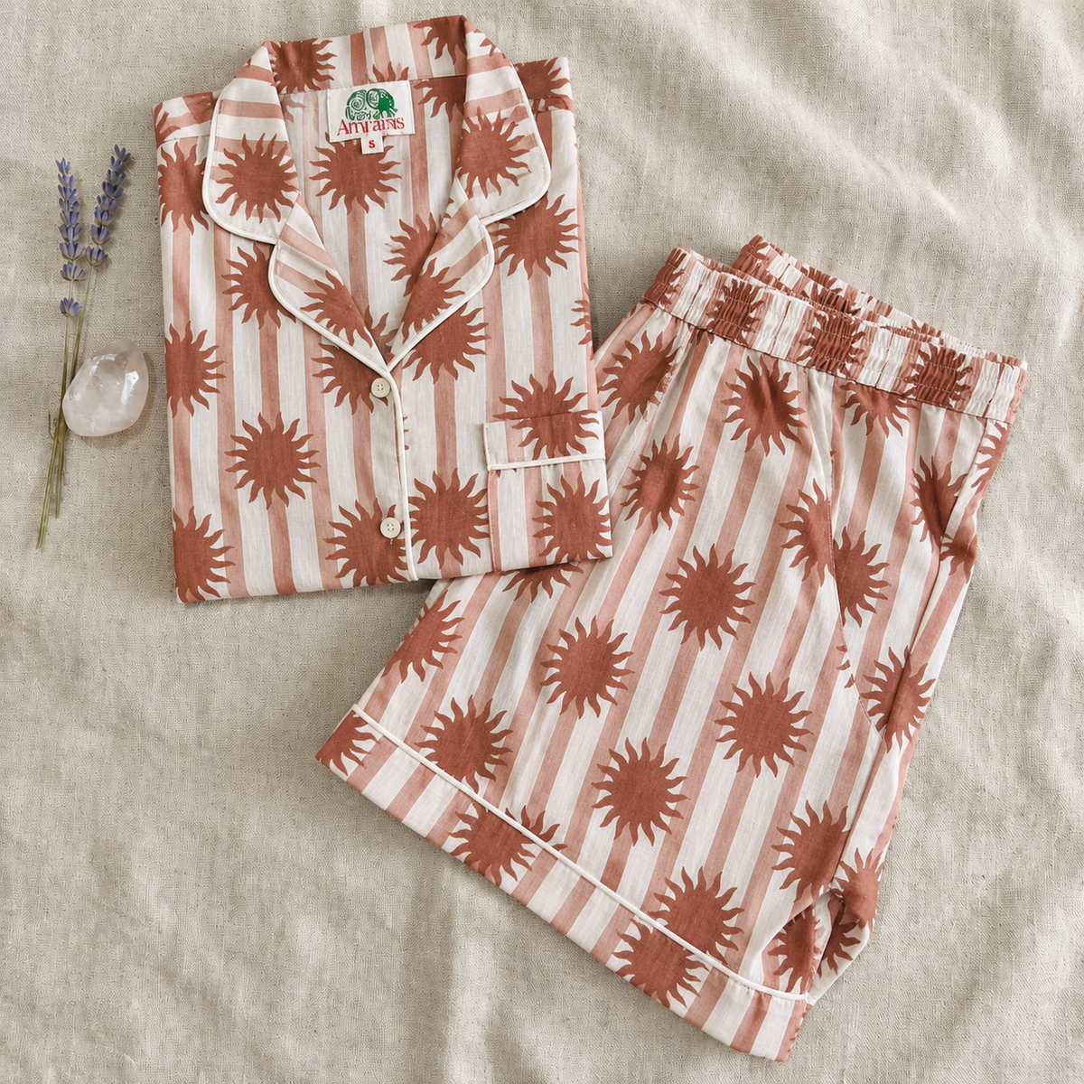 Brown Striped & Sunburst Block Print Cotton Sleepwear Set, Artisanal Summer Pajama & Loungewear