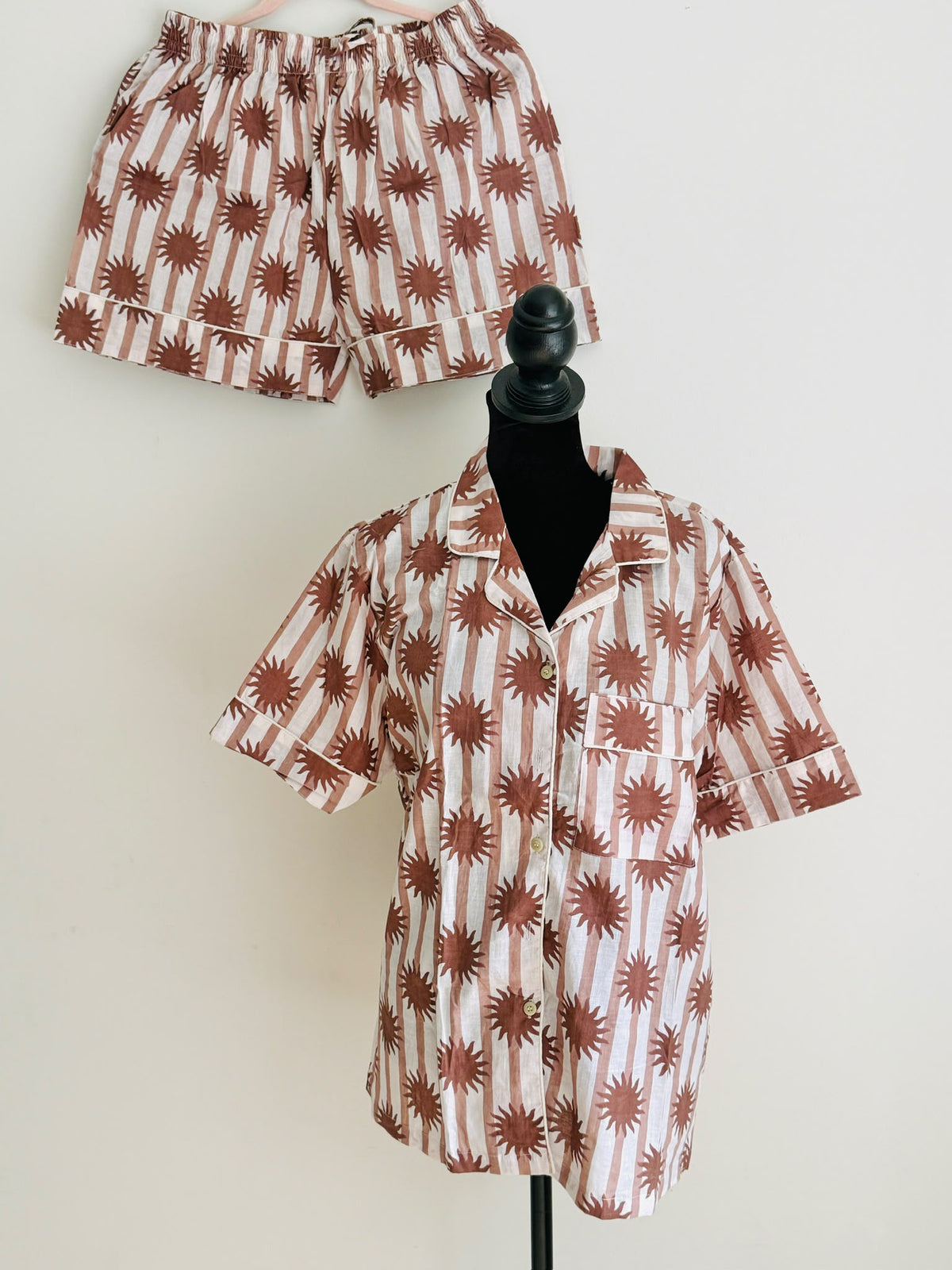 Brown Striped & Sunburst Block Print Cotton Sleepwear Set, Artisanal Summer Pajama & Loungewear