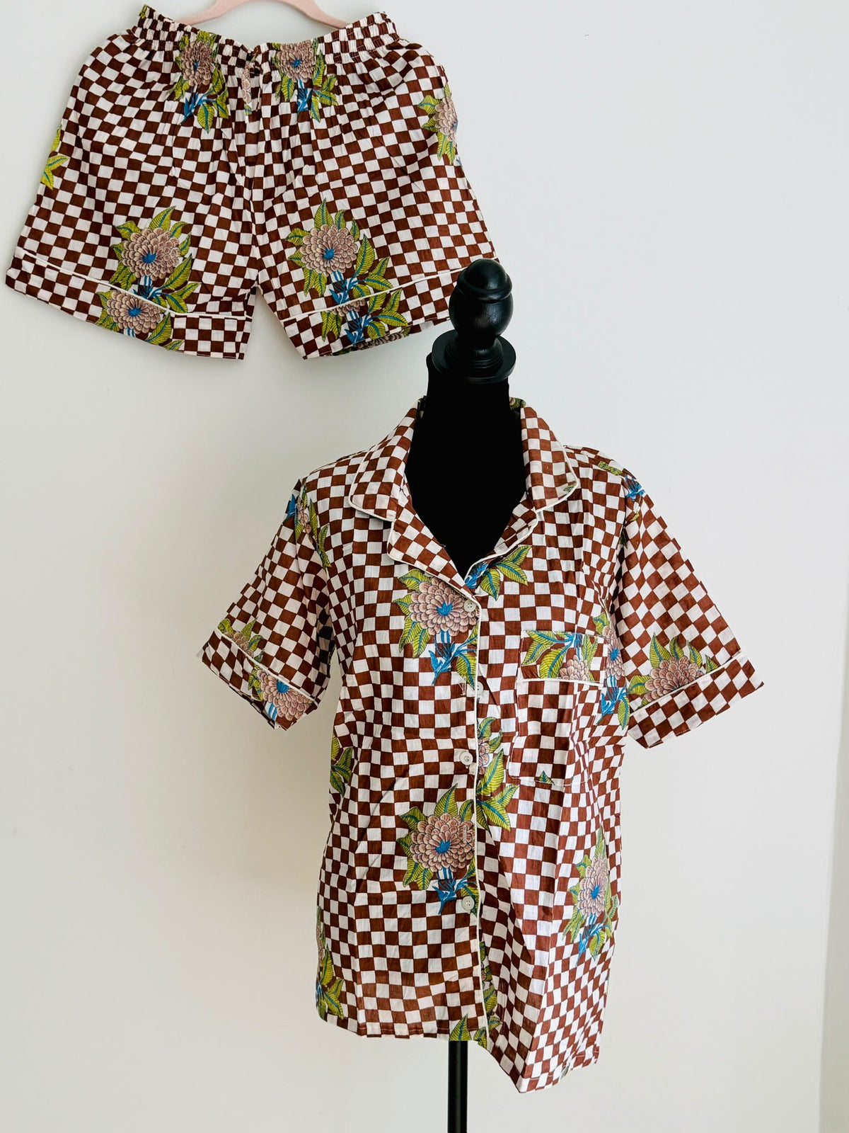 Sage Green & White Checkered Floral Block Print Cotton Sleepwear Set, Artisanal Loungewear & Pajamas