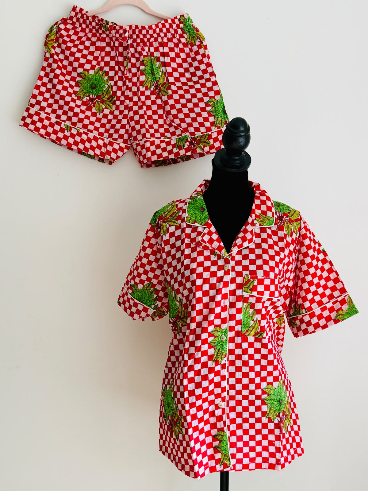 Sage Green & White Checkered Floral Block Print Cotton Sleepwear Set, Artisanal Loungewear & Pajamas