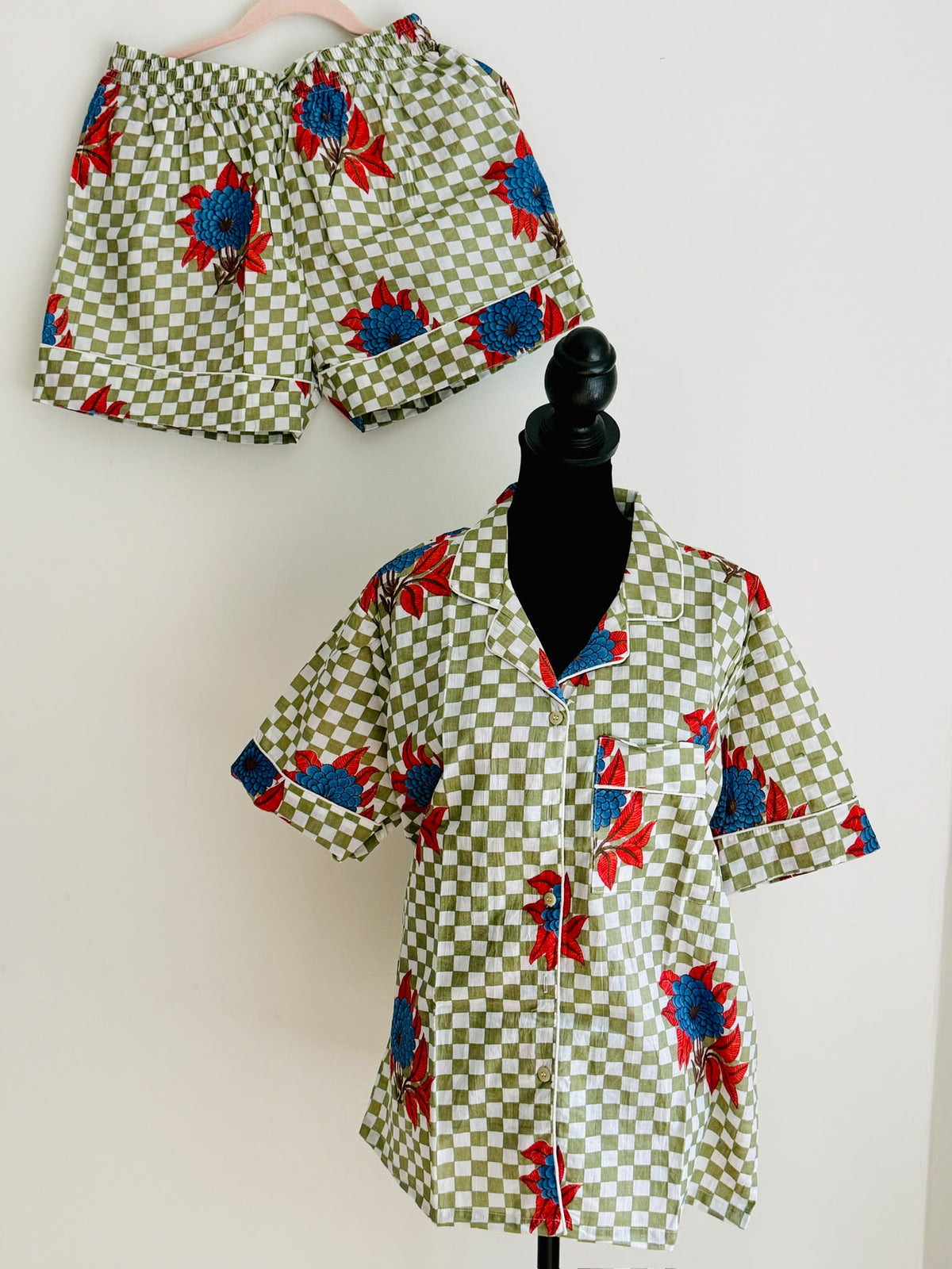 Sage Green & White Checkered Floral Block Print Cotton Sleepwear Set, Artisanal Loungewear & Pajamas