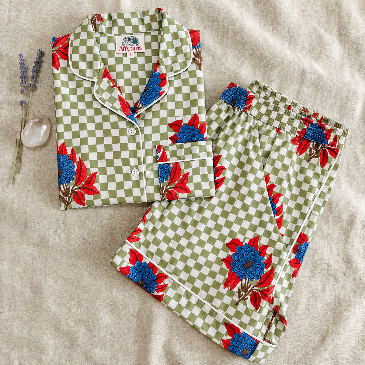 Sage Green & White Checkered Floral Block Print Cotton Sleepwear Set, Artisanal Loungewear & Pajamas