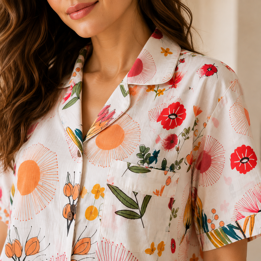 Multicolor Floral Hand Block Print Cotton Pajama Set, Holiday Sleepwear & Loungewear, Christmas Gift
