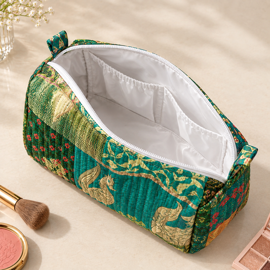 Set Of 3 Makeup Bag, Kantha Silk Bageecha Travel Case, Quilted Vintage Silk Toiletry Vanity Pouch Set