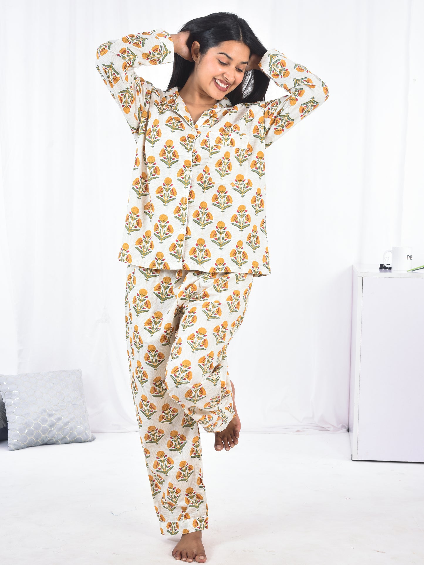 Yellow Block Printed Long PJ Set