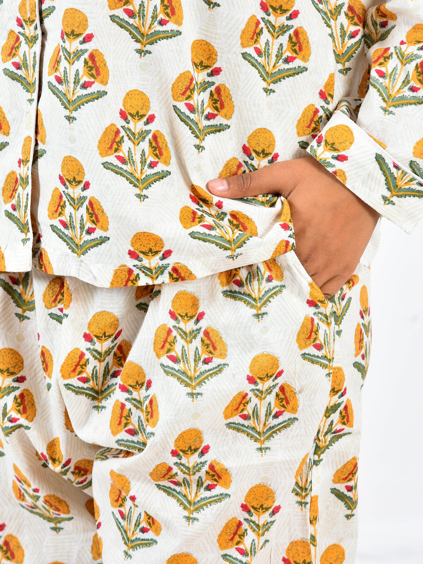 Yellow Block Printed Long PJ Set