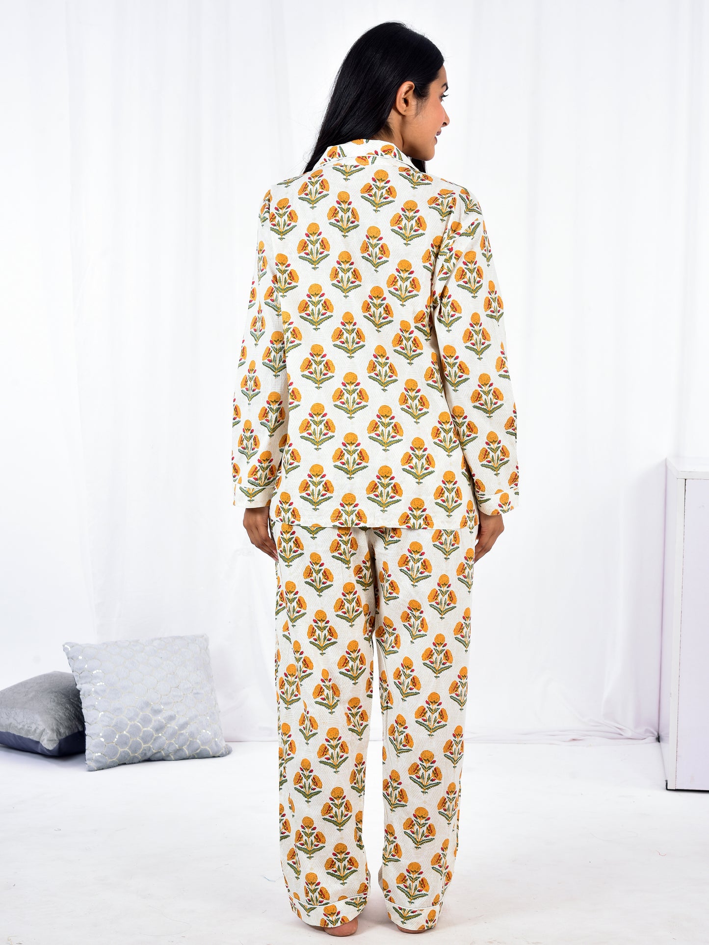Yellow Block Printed Long PJ Set