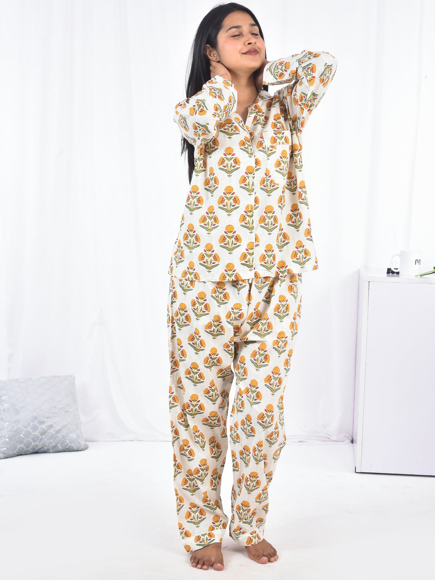 Yellow Block Printed Long PJ Set