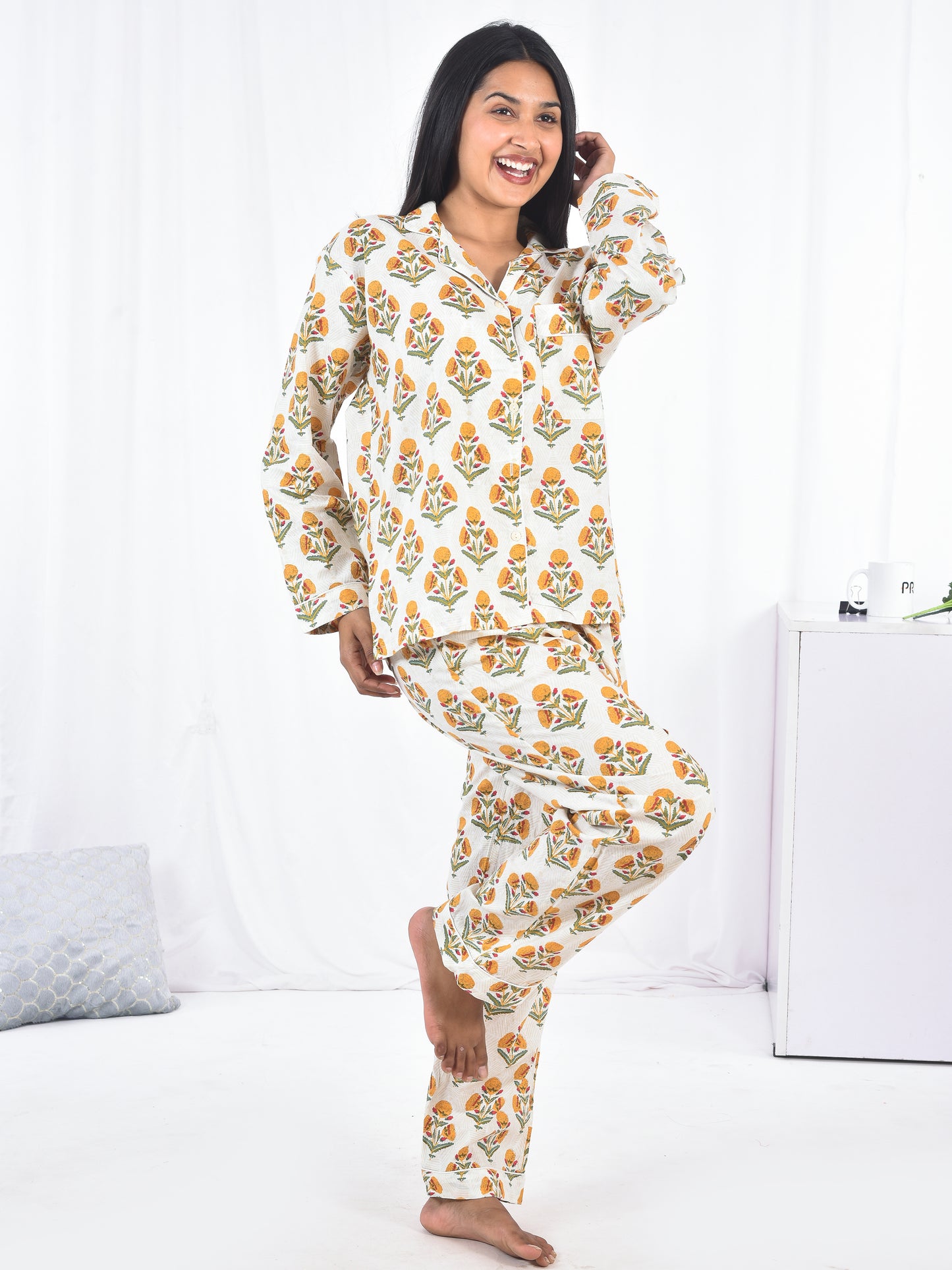 Yellow Block Printed Long PJ Set