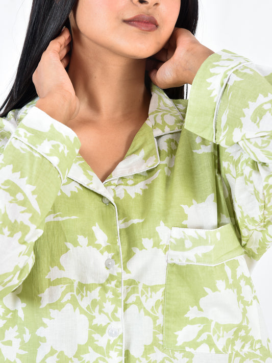 Sage Green Block Print Cotton Pajama Set, Botanical Floral Sleepwear & Loungewear
