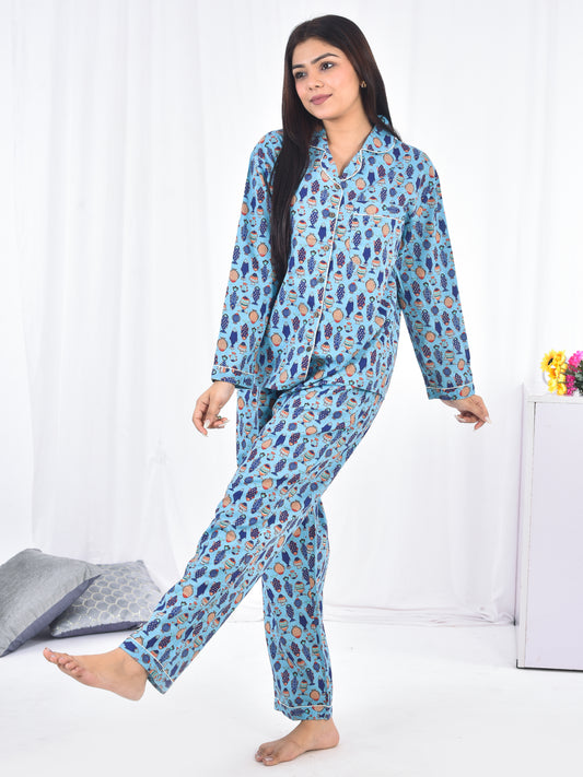 Handblock Colorful Marine Fish Cotton Button-Down Pajamas, Cute Lounge Set for Women