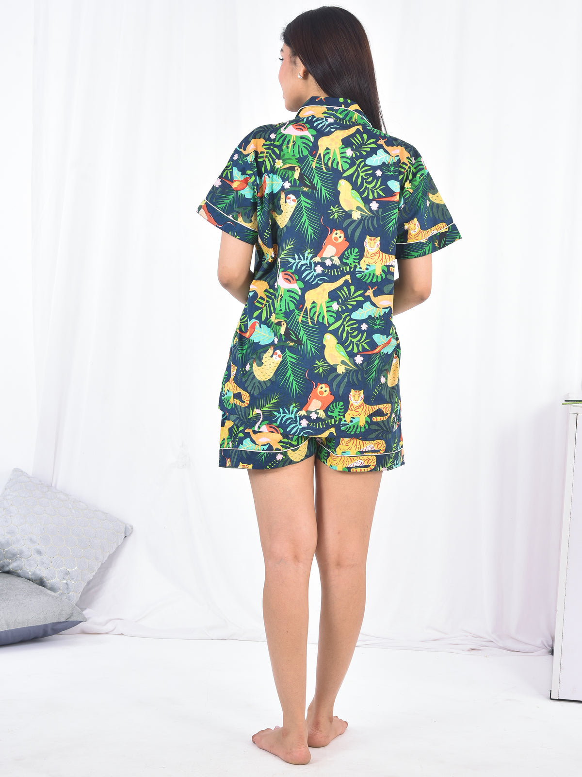 Midnight Navy Blue Rainforest Parrots & Sloth Block Print Cotton Shorts Set, Tropical Sleepwear & Loungewear