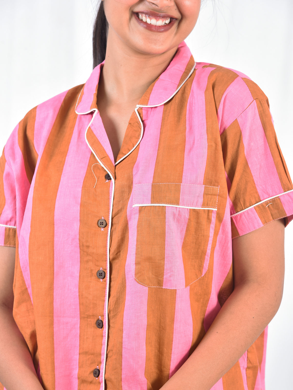 Hot Pink & Orange Bold Striped Cotton Shorts Set, Vibrant Summer Sleepwear & Loungewear