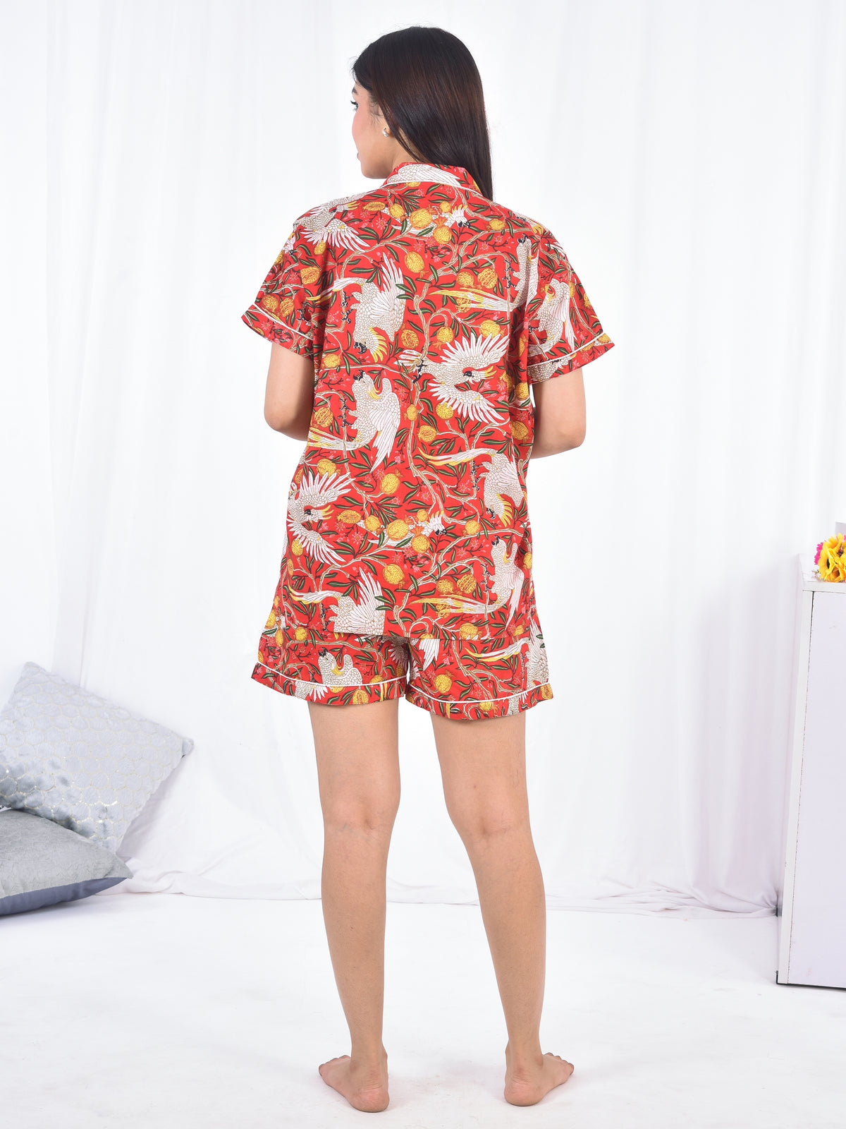 Crimson Red Crane & Fruit Block Print Cotton Shorts Set, Tropical Summer Sleepwear & Loungewear