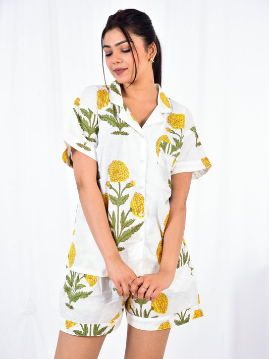 White & Mustard Yellow Floral Block Print Cotton Shorts Set, Casual Summer Sleepwear & Loungewear