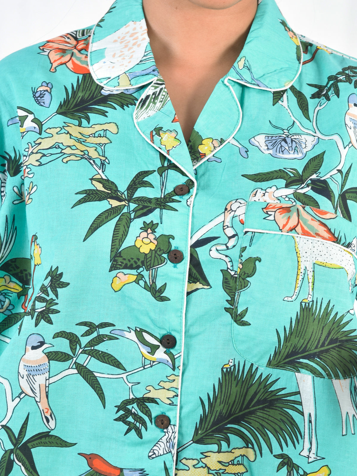 Midnight Navy Blue Rainforest Parrots & Sloth Block Print Cotton Shorts Set, Tropical Sleepwear & Loungewear