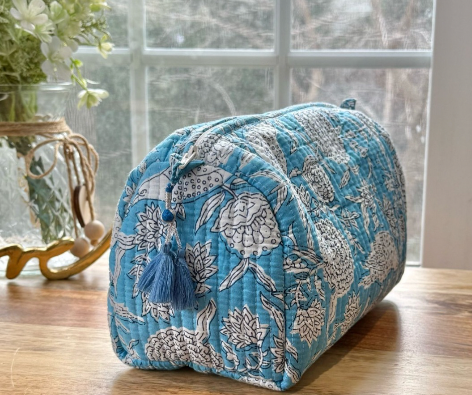 Block Printed Toiletry Bag in Baby Blue - Set of 3